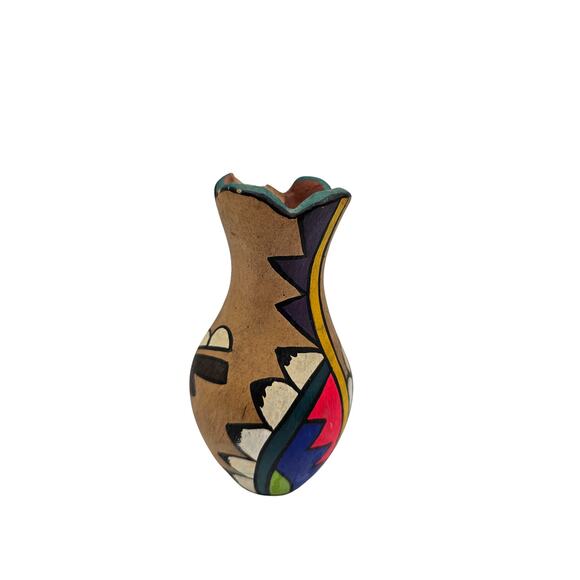 Vtg 1950s Pottery Clay Pot Bright Color Native American Hand Painted Vase - Picture 3 of 8